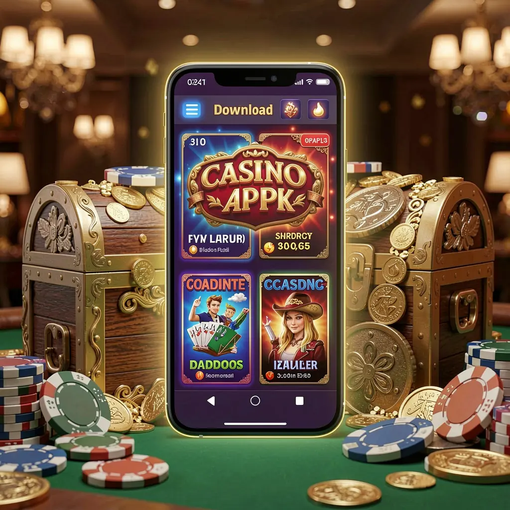 Glowing smartphone displaying 3E33 Casino APK app layout with treasure chest, chips, and coins nearby in a luxury 3D render