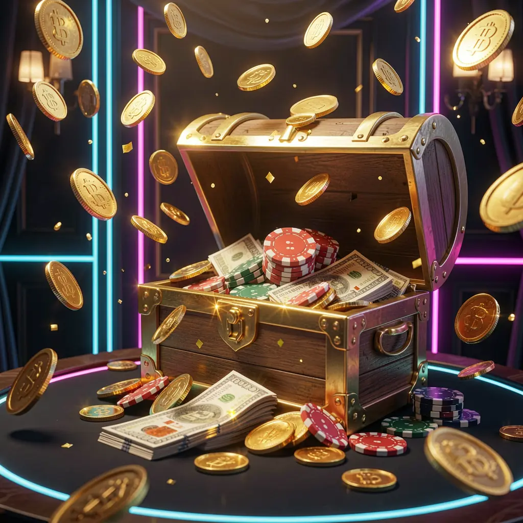 3E33 premium online casino bonus banner featuring golden coins flying in the air and a glowing treasure chest filled with chips and cash against a luxury dark background with neon accents in an elegant casino style