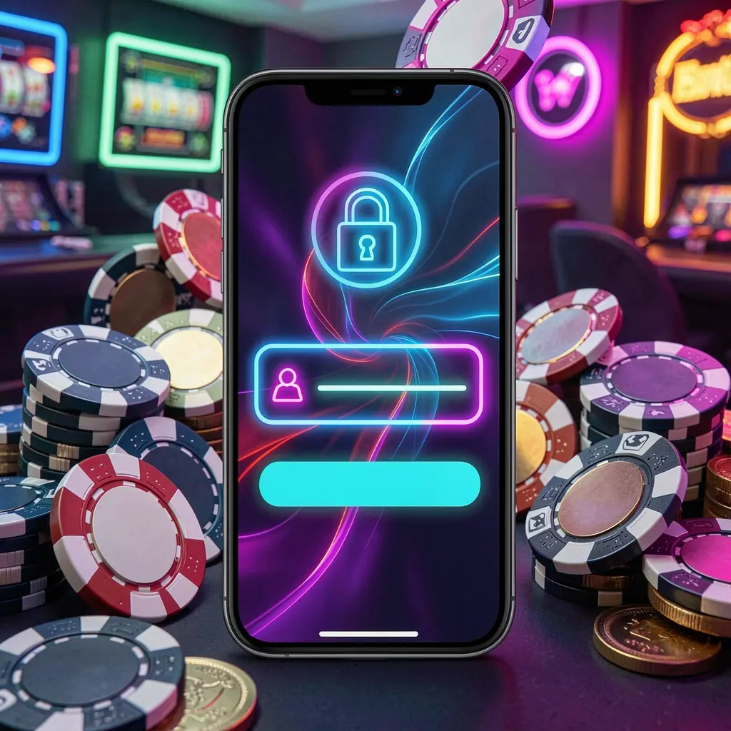 3E33 mobile gaming login page concept featuring a smartphone with an abstract login interface, user and lock icons, surrounded by casino chips and coins under luxury neon lighting