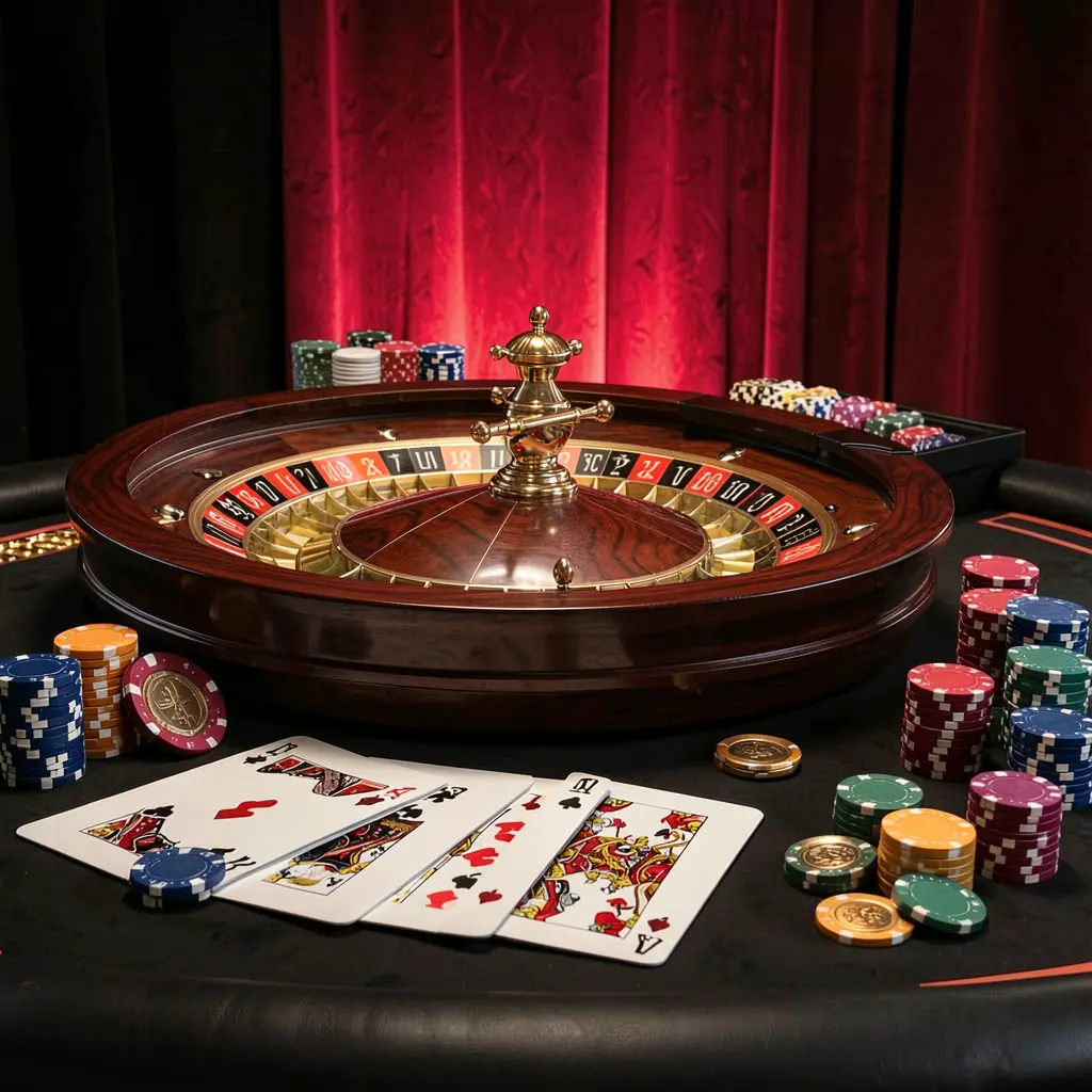 Elegant online casino gaming table featuring roulette, blackjack cards, poker chips, and coins with luxury cinematic lighting on a black and red background, showcasing 3E33's responsible gaming platform